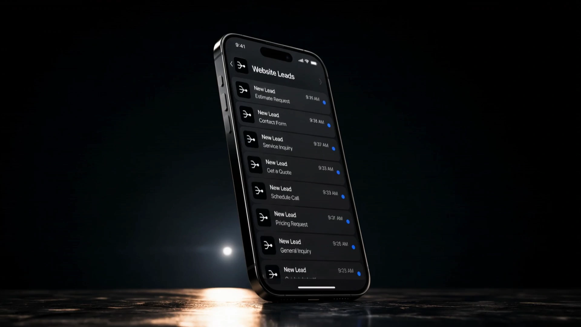 A phone surrounded by Website Leads notifications as new inquiries fill the screen